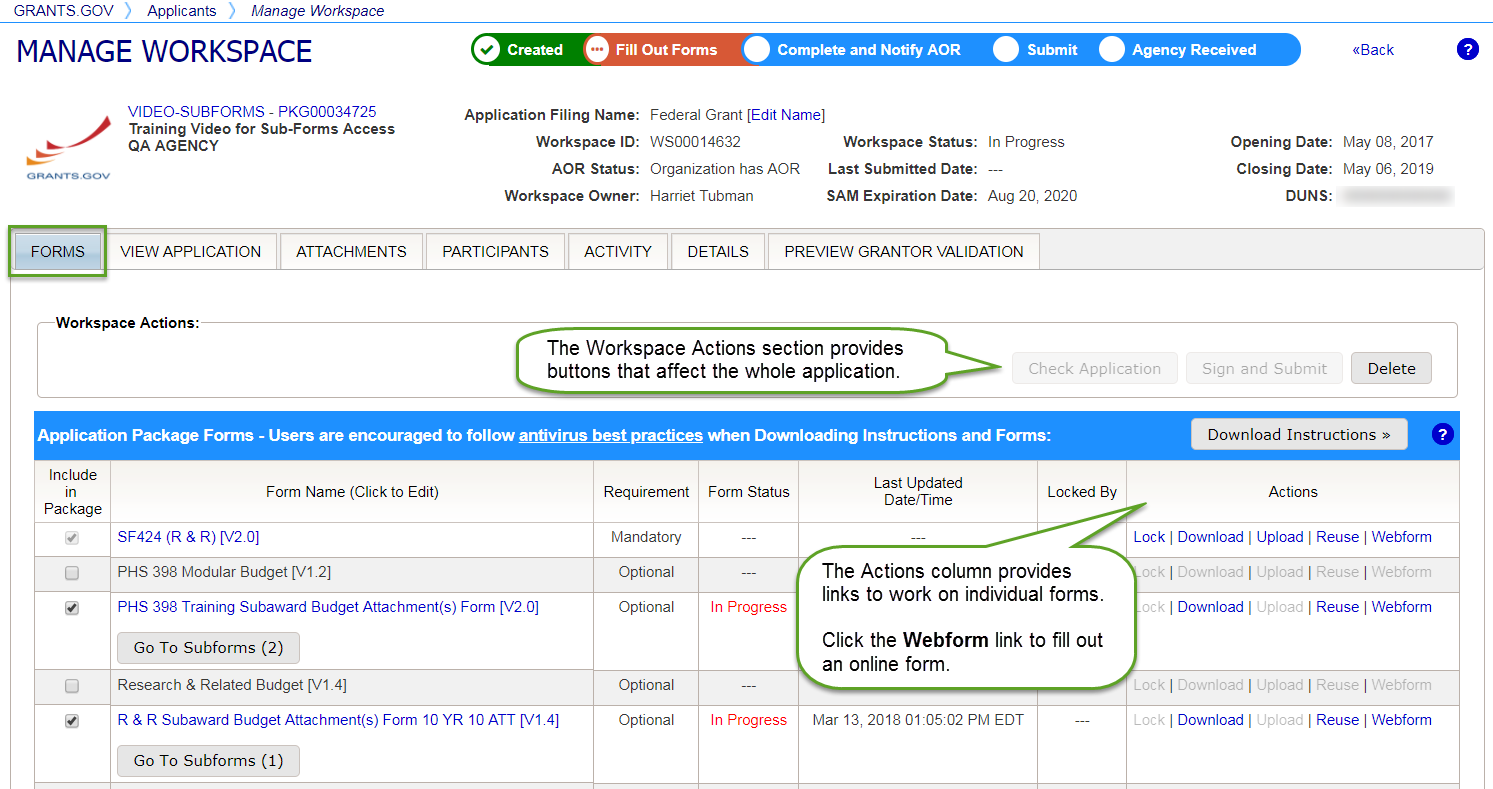 Manage Workspace Forms tab